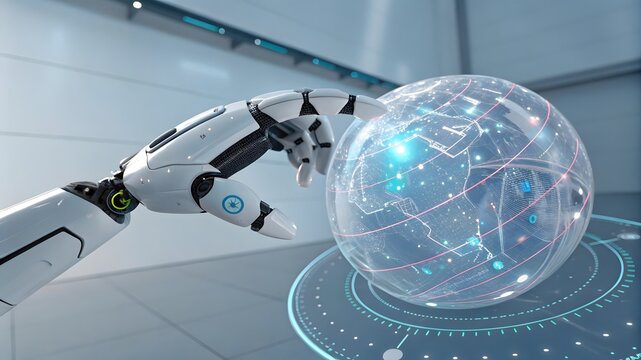 Robotic Hand Interacting with Digital Globe in Futuristic Environment