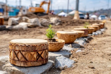 Traditional Craftsmanship Showcase of Decorated Drums and Natural Pots in Outdoor Setting with Earthy Tones and Construction Equipment in Background