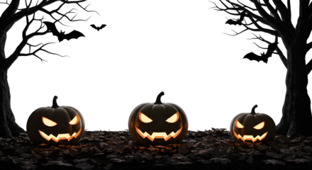 Spooky jack-o'-lanterns illuminating a dark autumn night, perfect for Halloween-themed designs