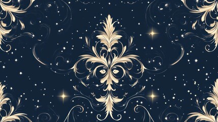 Elegant gold damask pattern on dark blue background with sparkling stars.