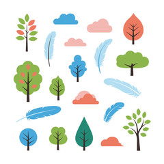 Obraz premium A collection of stylized nature elements featuring trees feathers and clouds in a playful illustration style