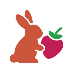 Cute cartoon bunny rabbit reaching for a ripe strawberry fruit healthy food concept vector