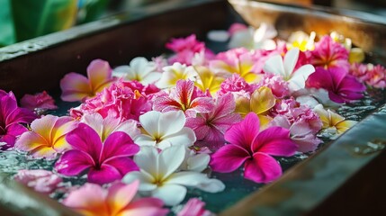 Colorful tropical flowers floating in a wooden basin of water.
