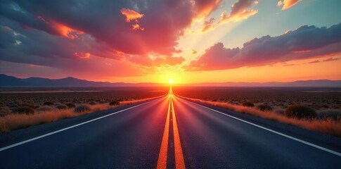 Endless asphalt ribbon stretching towards a vibrant sunset horizon, promising adventure and open road freedom Perfect for travel, journey, exploration themes , automobile, highway, sky