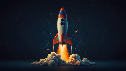Naklejka premium Colorful rocket launching upward with bright flames and smoke trail against dark night sky background 