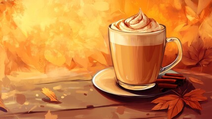 Autumn latte with whipped cream and cinnamon sticks on rustic wooden surface.