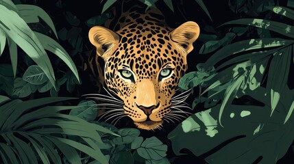 Leopard's intense gaze from lush tropical foliage.