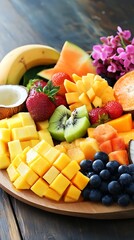 A vibrant and healthy assortment of freshly cut tropical fruits beautifully arranged on a wooden serving board, perfect for a refreshing snack or dessert