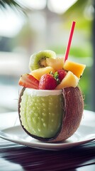 Refreshing Coconut Drink Topped With Exotic Fruits and a Straw