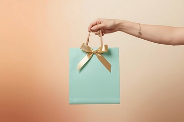 Hand holding a small light blue gift bag with a golden ribbon bow against a warm peachy background conveying a sense of giving and receiving