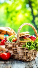 Delicious picnic basket filled with fresh food and vegetables on a wooden table outdoors