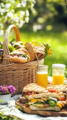 Outdoor Picnic with Sandwiches and Juice in Wicker Basket