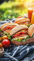 Picnic Feast Sandwiches, Tomatoes, and Juice in a Sunny Garden Setting