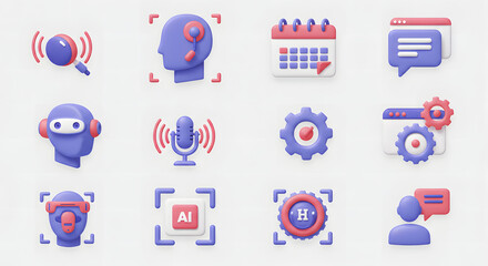 A modern collection of 3D user interface icons in a soft clay style, representing artificial intelligence, business automation, and communication technology concepts