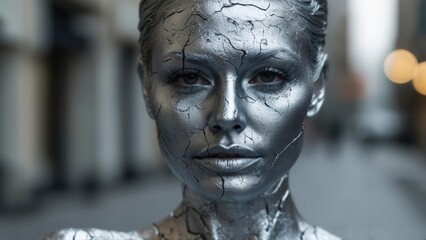 Woman with metallic cracked face in city