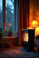 Cozy living room with a space heater providing warmth on a chilly autumn evening, soft lighting illuminating the scene , wood, cozy