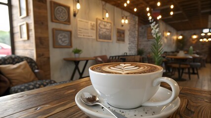 Coffee cup with latte art in a cozy cafe interior setting