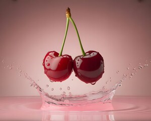 Hyper realistic image of a single ripe cherry splashing in water