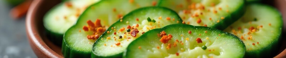 Close-up of sliced cucumbers generously sprinkled with a vibrant blend of aromatic spices, ready for a refreshing and flavorful culinary experience , cayenne pepper, cooking