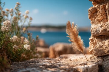 Fototapeta premium Tranquil Coastal Scene Featuring Golden Pampas Grass and Beautiful Flowers With a Soft Blue Ocean Background and a Cloudless Sky on a Peaceful Day