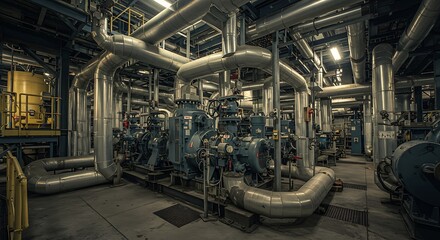 Industrial setting with complex network of pipes and machinery in a factory