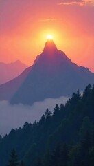 Serene sunrise over a mist-shrouded mountain peak, conveying peace and spiritual awakening Perfect for meditation, yoga, or mindfulness themes , spiritual, mist, mountain
