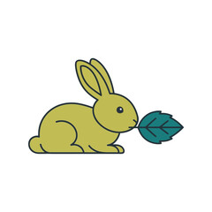 Cute yellow rabbit nibbling green leaf isolated simple cartoon art style vector