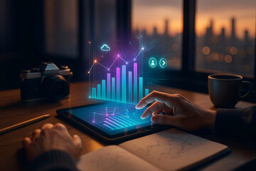 Tablet displaying financial graph with glowing data
