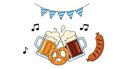 Oktoberfest Celebration Illustration Featuring Beer Mugs, Pretzel, Sausage, and Festive Decorations, Suitable for Event Promotions and Cultural Design Projects