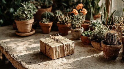 Fototapeta premium Gift wrapped in brown paper sits among potted plants on a stone surface.