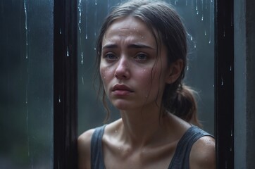 Woman stepping outside with tears, looking sad by the window in rain  