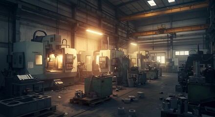 Sunlit manufacturing workshop interior filled with advanced automated CNC machinery for precision production