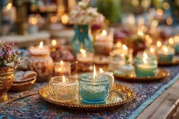 Tranquil Evening Scene with Illuminated Candles and Flowers on a Decorated Table, Exuding Warmth and Serenity in a Cozy Atmosphere