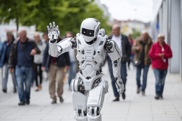 Obraz premium AI humanoid robot greeting pedestrians