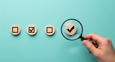 Ensure quality checking with checklist and magnifying glass for error free process and successful outcome