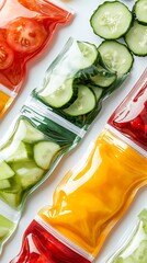 Assorted fresh vegetables in vibrant reusable silicone bags, perfect for healthy meal preparation and eco-conscious living