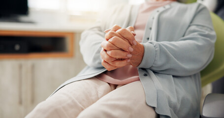 Woman, patient and hands nervous for dental surgery, tooth extraction or pain relief at clinic....