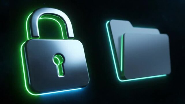 Lock with neon green outline next to bluelined folder against a dark backdrop