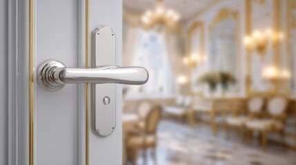 Elegant silver handle with blank white door hanger, blurred luxurious interior view behind, ideal for hospitality advertising presentation
