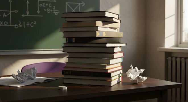 High stack of books on desk
