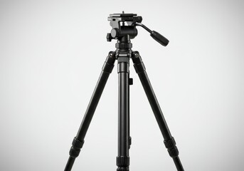 A black photography tripod stands tall against a plain white background, showcasing its sleek design and sturdy construction.