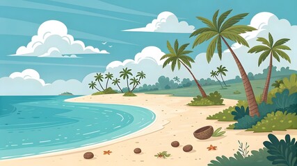 Obraz premium Serene Tropical Beach Scene with Palms and Calm Ocean Waves