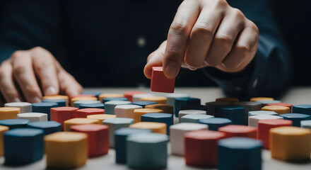 Naklejka premium Hand places one red block above many colorful shapes symbolizing strategic decision making and business leadership