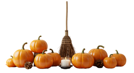 Autumn's charm orange pumpkins, broom, burning candle, and pine cones to create cozy Halloween spirit