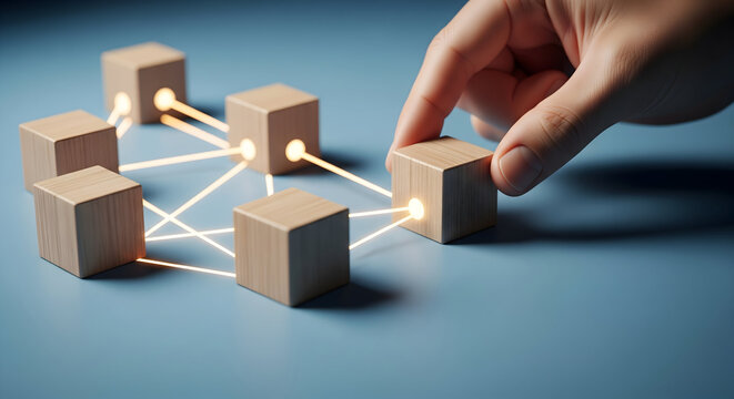Hand connecting wooden blocks in a glowing network representing digital transformation and innovation