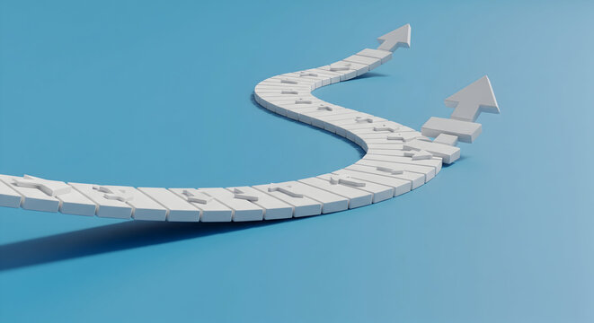 White arrow path curving upwards showing progress and growth towards success