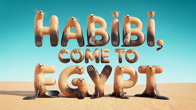 Whimsical 3D Rendered Slogan 'Habibi, Come to Egypt', Featuring Playful Seal-Like Creatures Forming Letters on a Sunny Desert Landscape