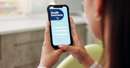 Hands, person and phone screen in dentist clinic for health insurance, application and sign in....