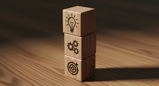 Strategic business blocks stacking idea, process, and goal for successful project execution