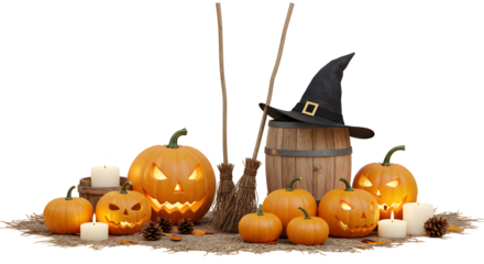 Spooky Halloween Jack-o'-lanterns, Candles, Witch Hat, and Broom Create Festive Fall Display